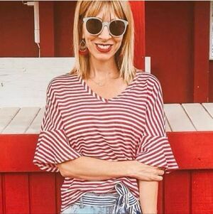 Cabi Striped Skipper Womens Top Red White Bell Sleeve V-Neck Size Medium